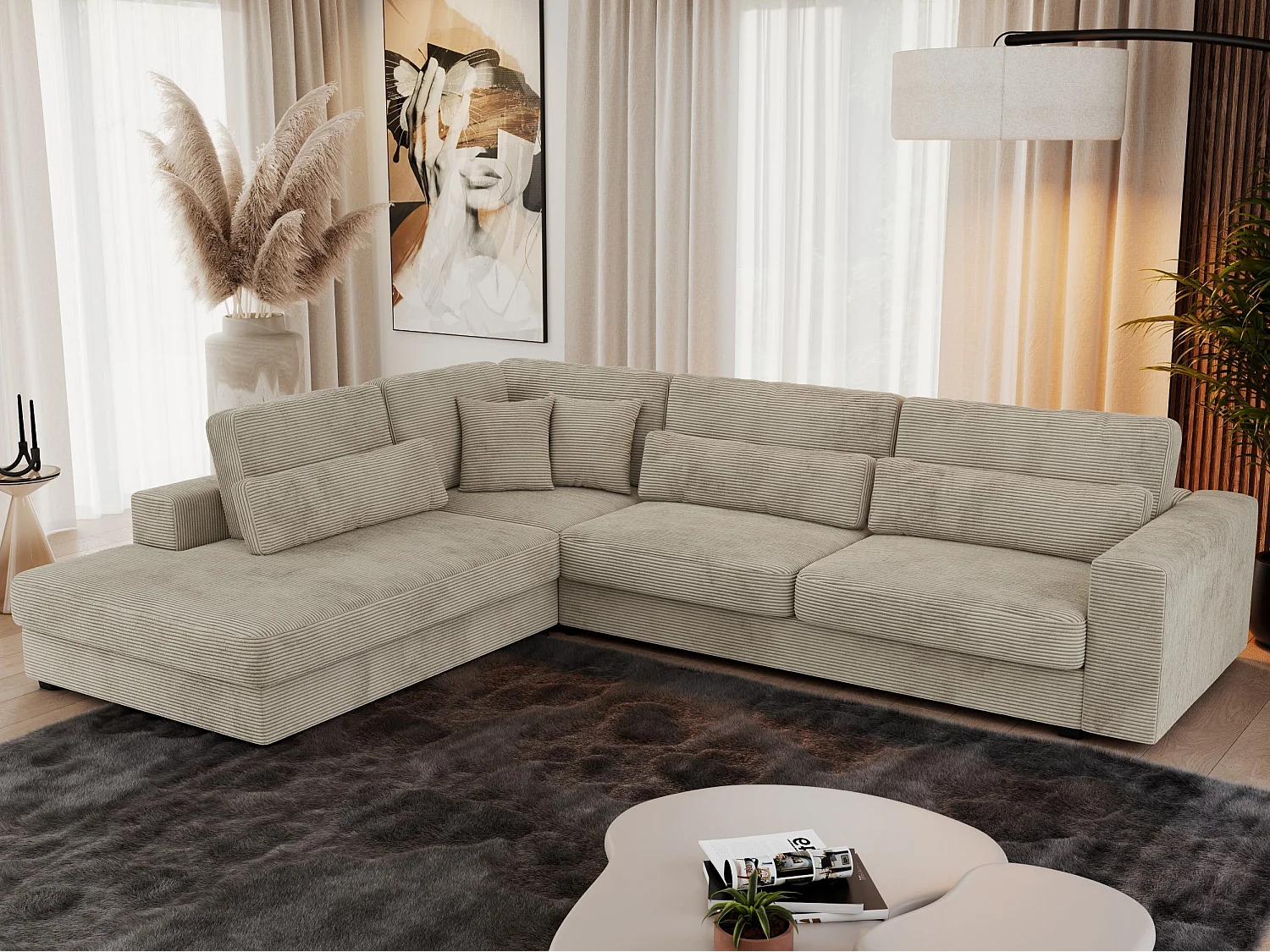 Ecksofa SAVONA - mit Armlehnen, lose Kissen, große L-förmige Ecke, Wohnlandschaft - Hellgrau Cord - Ecke Links