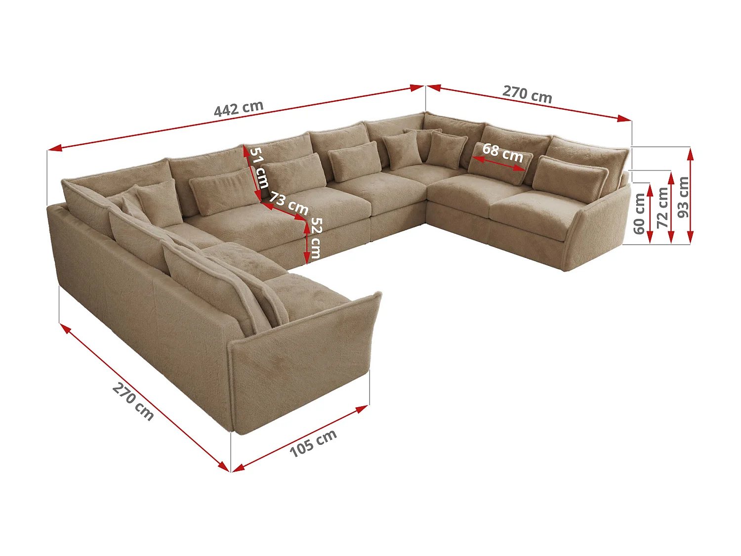 Ecksofa VERSO U9M - XXL Wohnlandschaft Ecke, modulare, Armlehnen und lose Kissen - Beige Plüsch
