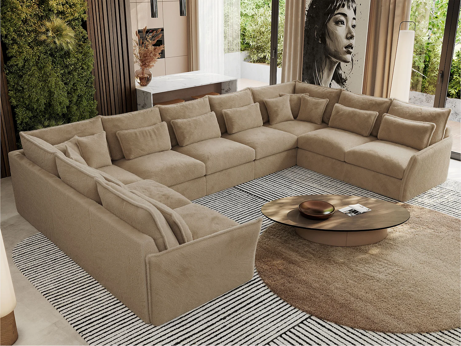 Ecksofa VERSO U9M - XXL Wohnlandschaft Ecke, modulare, Armlehnen und lose Kissen - Beige Plüsch