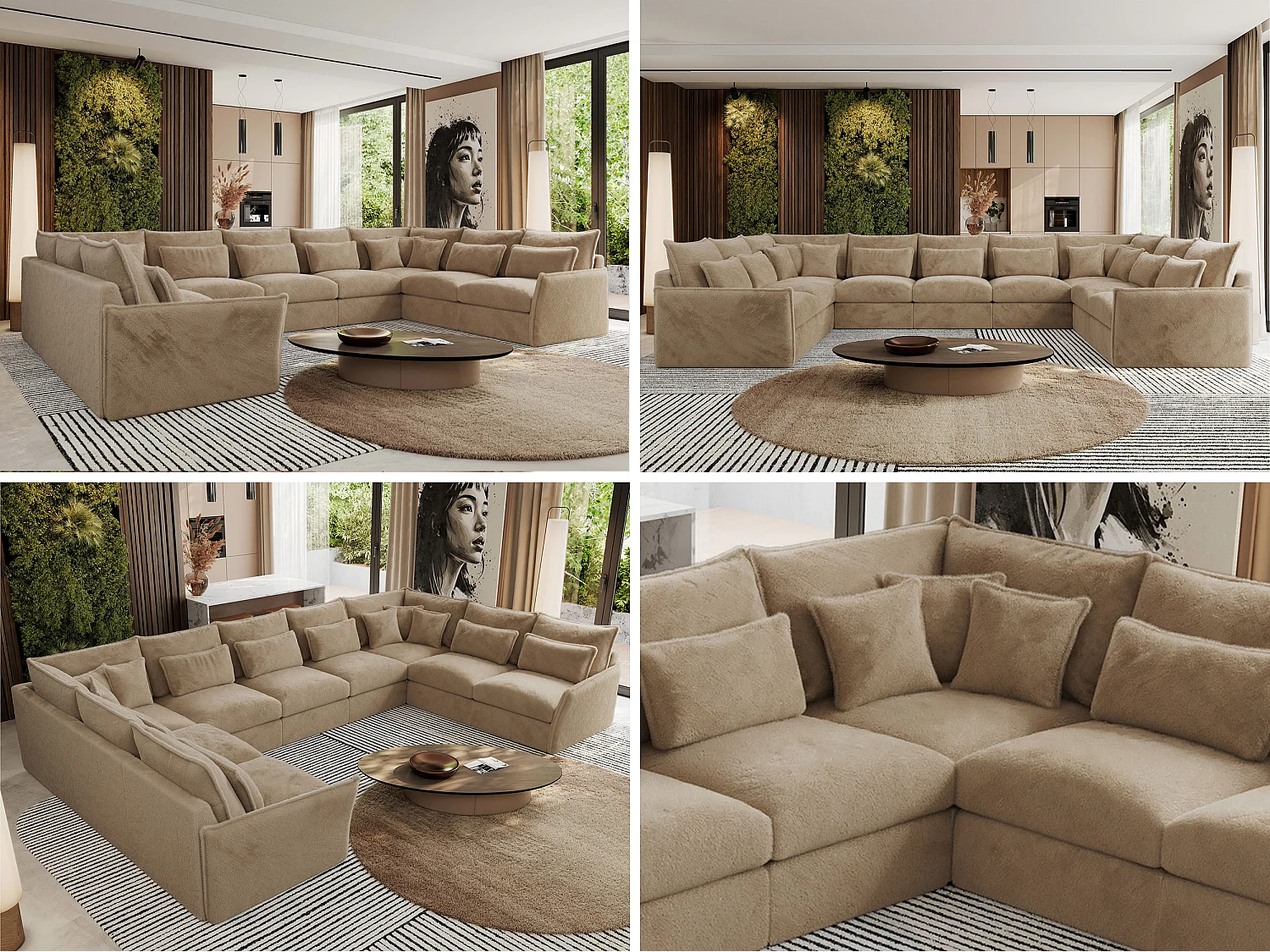 Ecksofa VERSO U9M - XXL Wohnlandschaft Ecke, modulare, Armlehnen und lose Kissen - Beige Plüsch