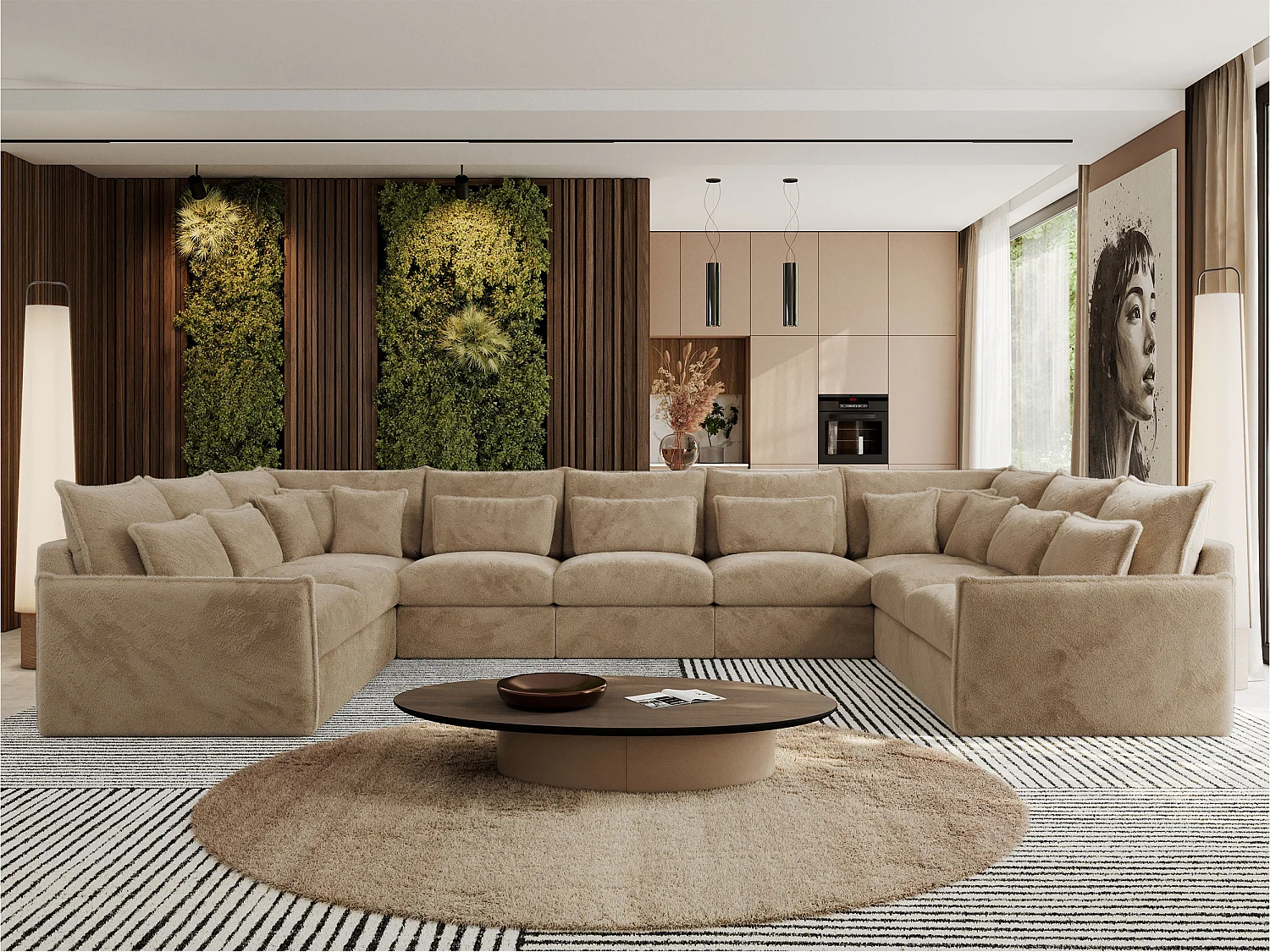 Ecksofa VERSO U9M - XXL Wohnlandschaft Ecke, modulare, Armlehnen und lose Kissen - Beige Plüsch