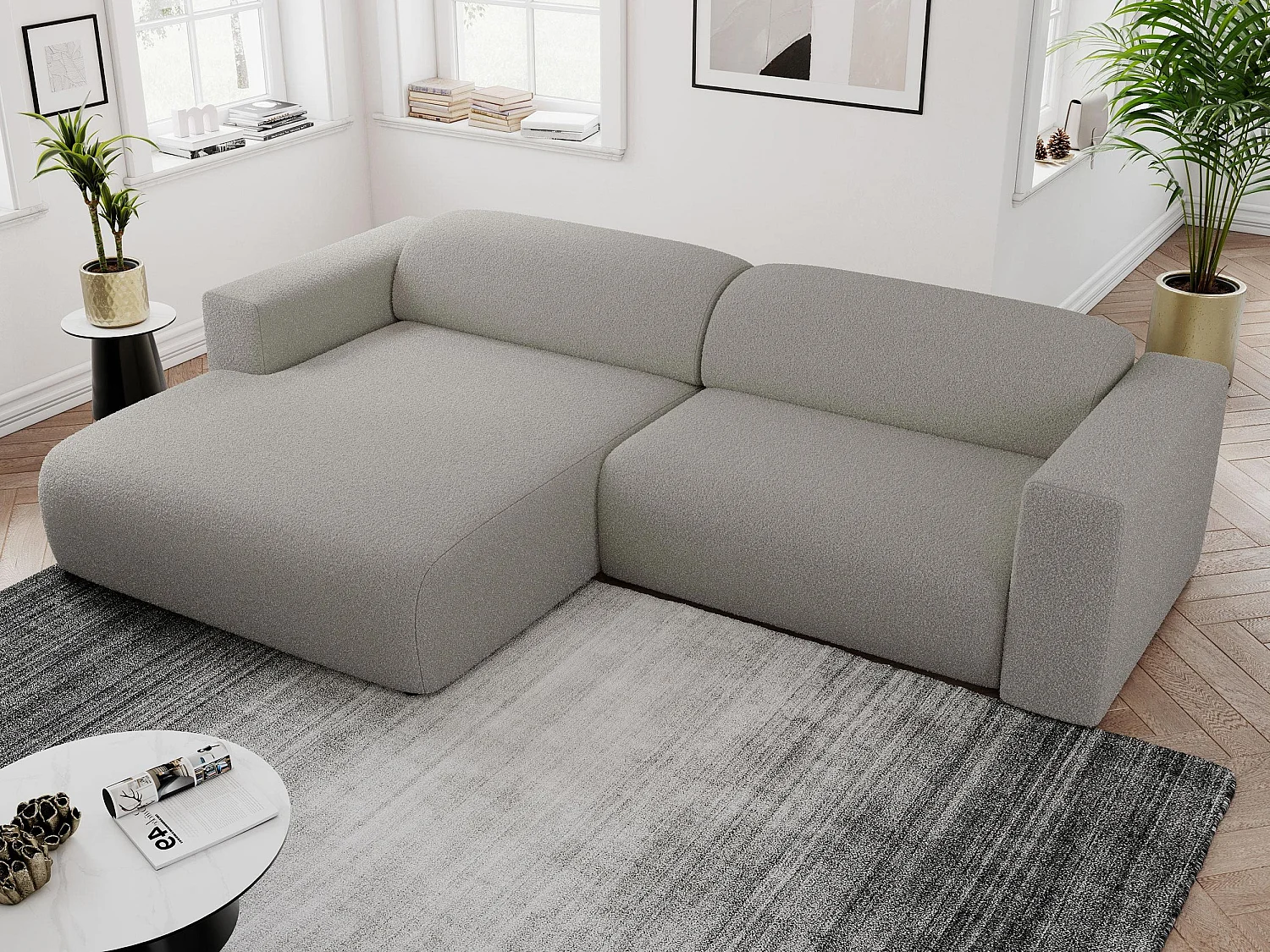 Ecksofa PASADENA - mit Armlehnen, Wohnlandschaft, freistehendes Sofa, große Ecke - Grau Boucle - Ecke Links