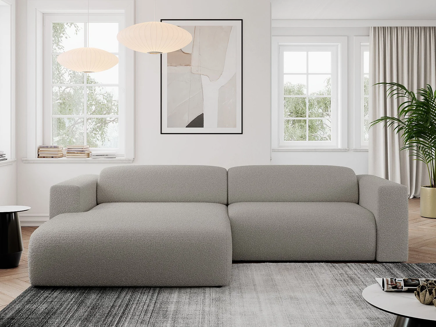 Ecksofa PASADENA - mit Armlehnen, Wohnlandschaft, freistehendes Sofa, große Ecke - Grau Boucle - Ecke Links