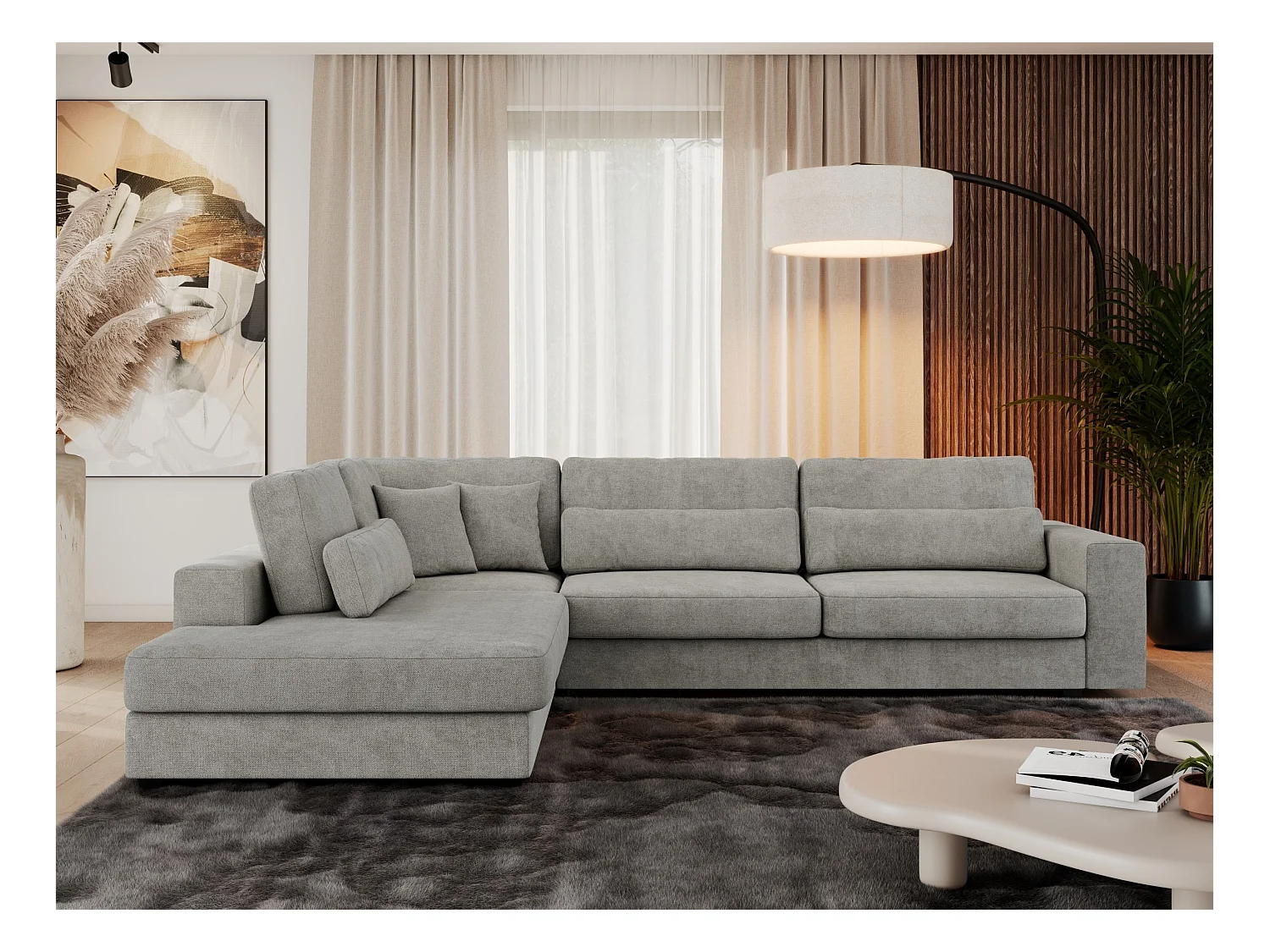 Ecksofa SAVONA - mit Armlehnen, lose Kissen, große L-förmige Ecke, Wohnlandschaft - Hellgrau Strukture - Ecke Links