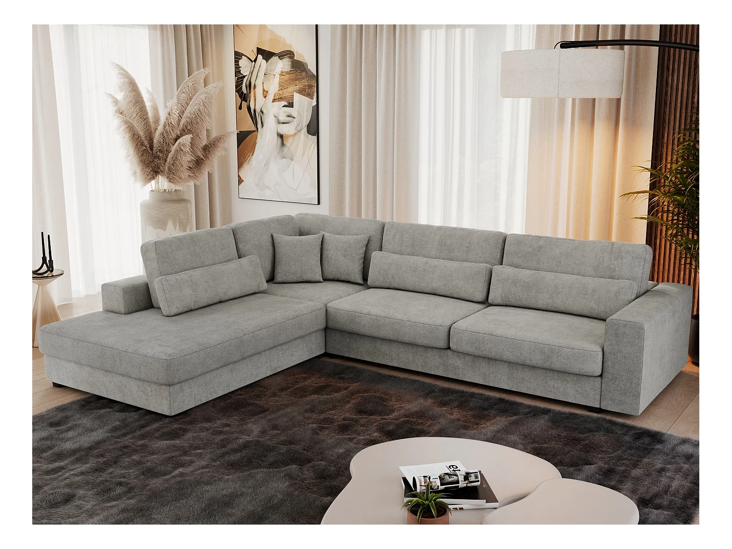 Ecksofa SAVONA - mit Armlehnen, lose Kissen, große L-förmige Ecke, Wohnlandschaft - Hellgrau Strukture - Ecke Links