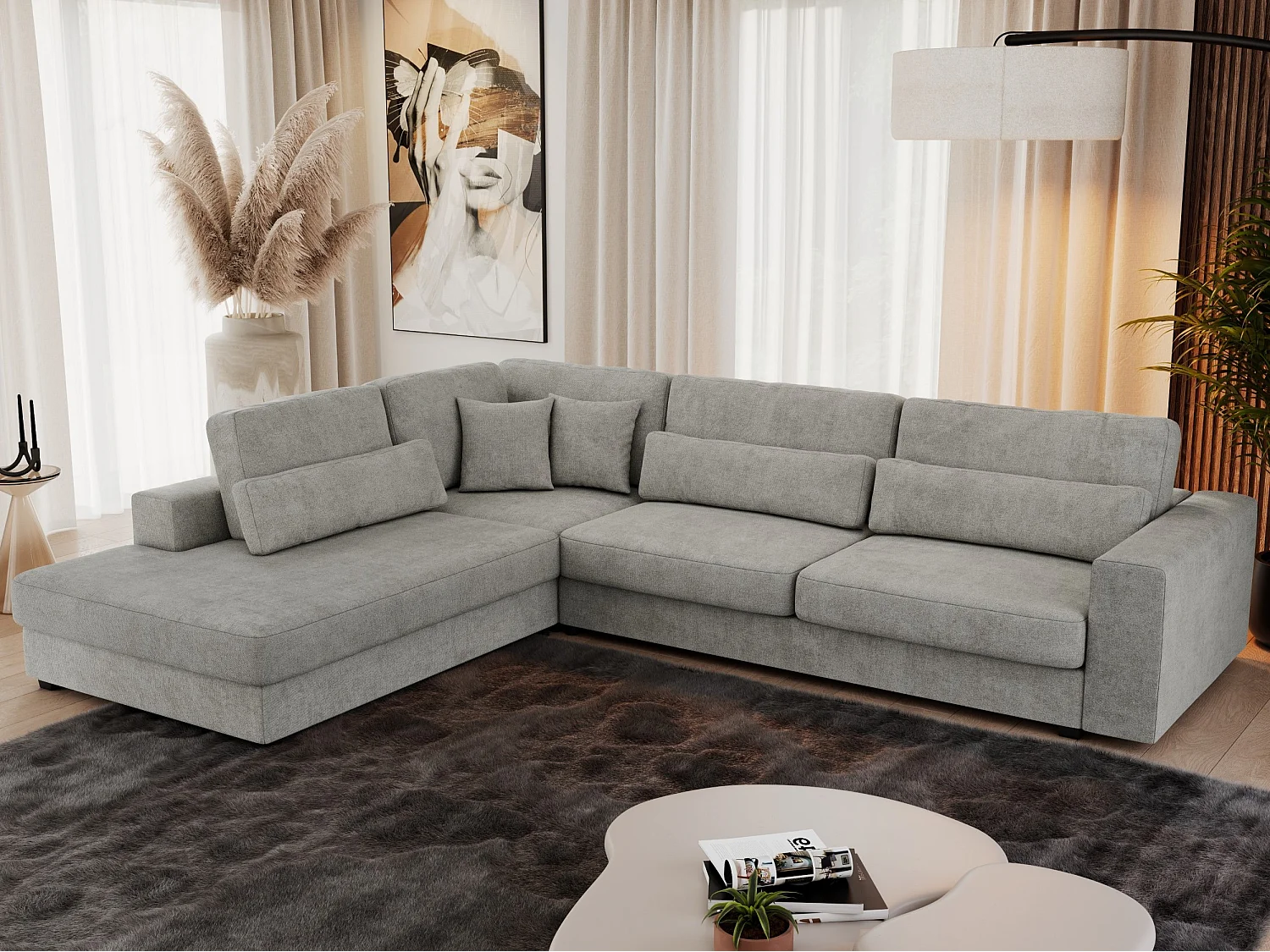 Ecksofa SAVONA - mit Armlehnen, lose Kissen, große L-förmige Ecke, Wohnlandschaft - Hellgrau Strukture - Ecke Links