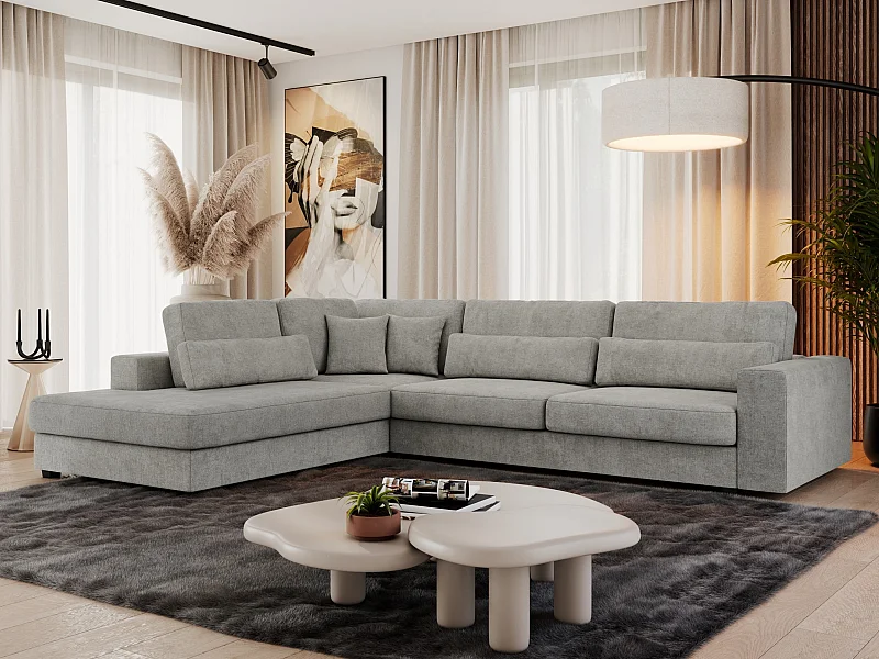 Ecksofa SAVONA - mit Armlehnen, lose Kissen, große L-förmige Ecke, Wohnlandschaft - Hellgrau Strukture - Ecke Links