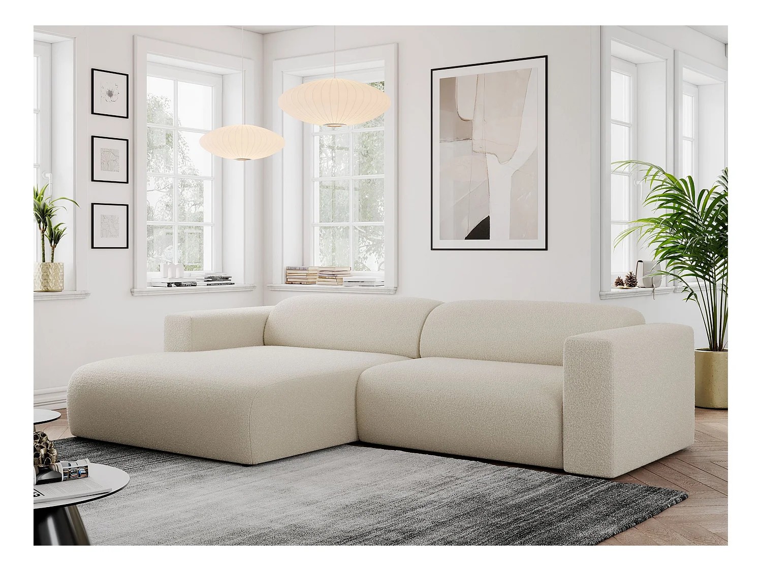 Ecksofa PASADENA - mit Armlehnen, Wohnlandschaft, freistehendes Sofa, große Ecke - Beige Boucle - Ecke Links