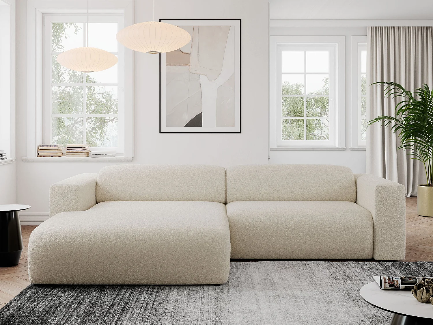 Ecksofa PASADENA - mit Armlehnen, Wohnlandschaft, freistehendes Sofa, große Ecke - Beige Boucle - Ecke Links