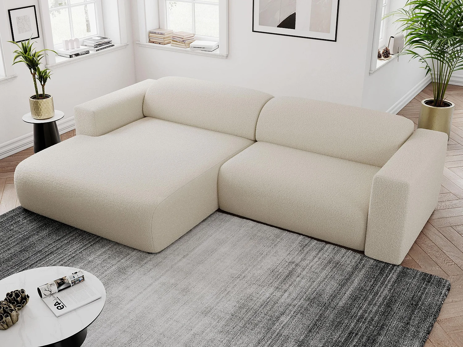 Ecksofa PASADENA - mit Armlehnen, Wohnlandschaft, freistehendes Sofa, große Ecke - Beige Boucle - Ecke Links