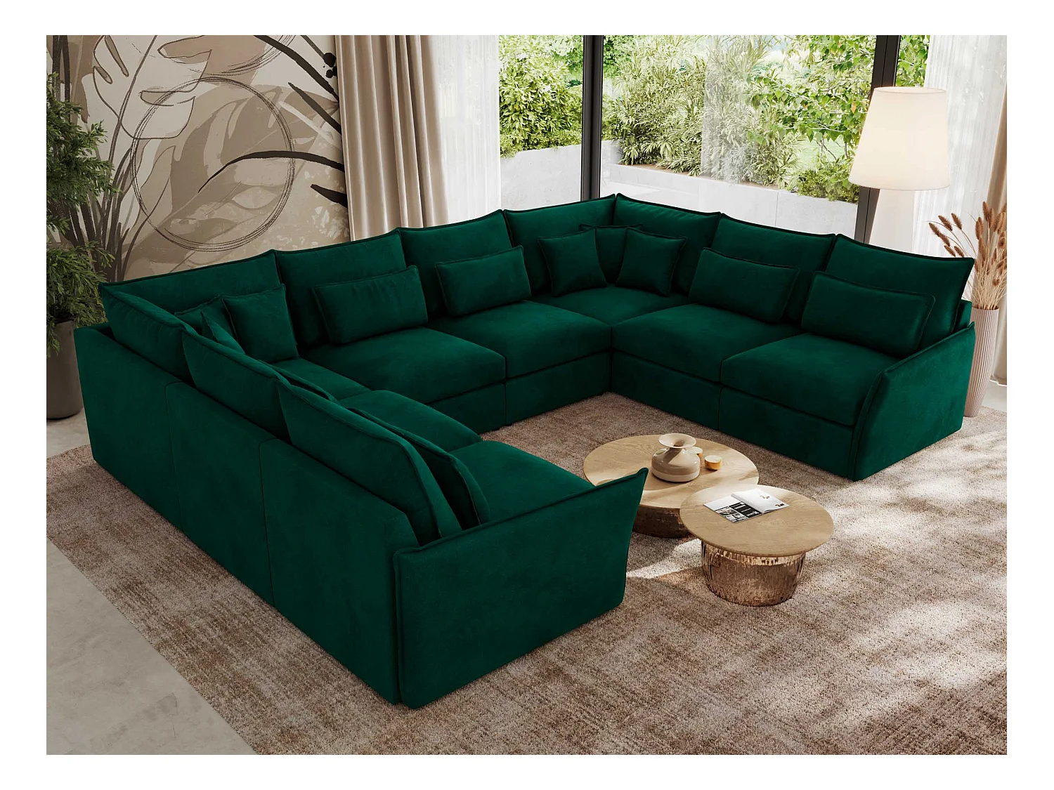 Ecksofa VERSO U8M - modulare U-förmige Ecke mit Armlehnen, Wohnlandschaft, Ecksofa XXL, lose Kissen - Dunkelgrün Velvet