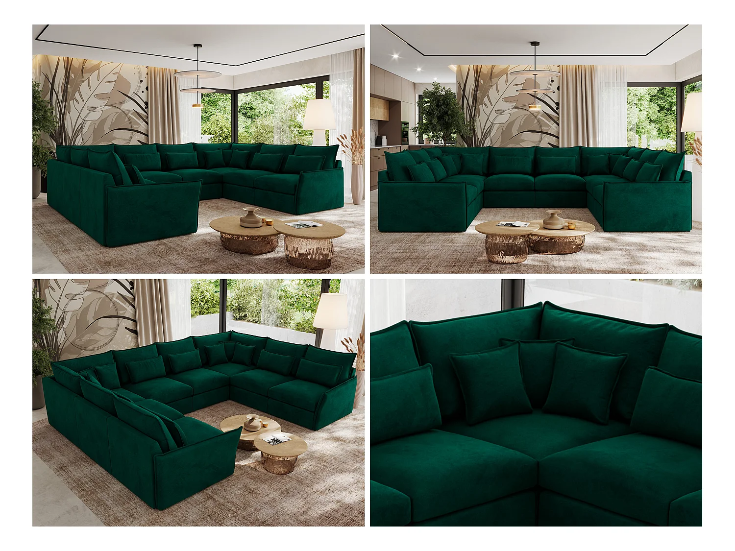 Ecksofa VERSO U8M - modulare U-förmige Ecke mit Armlehnen, Wohnlandschaft, Ecksofa XXL, lose Kissen - Dunkelgrün Velvet