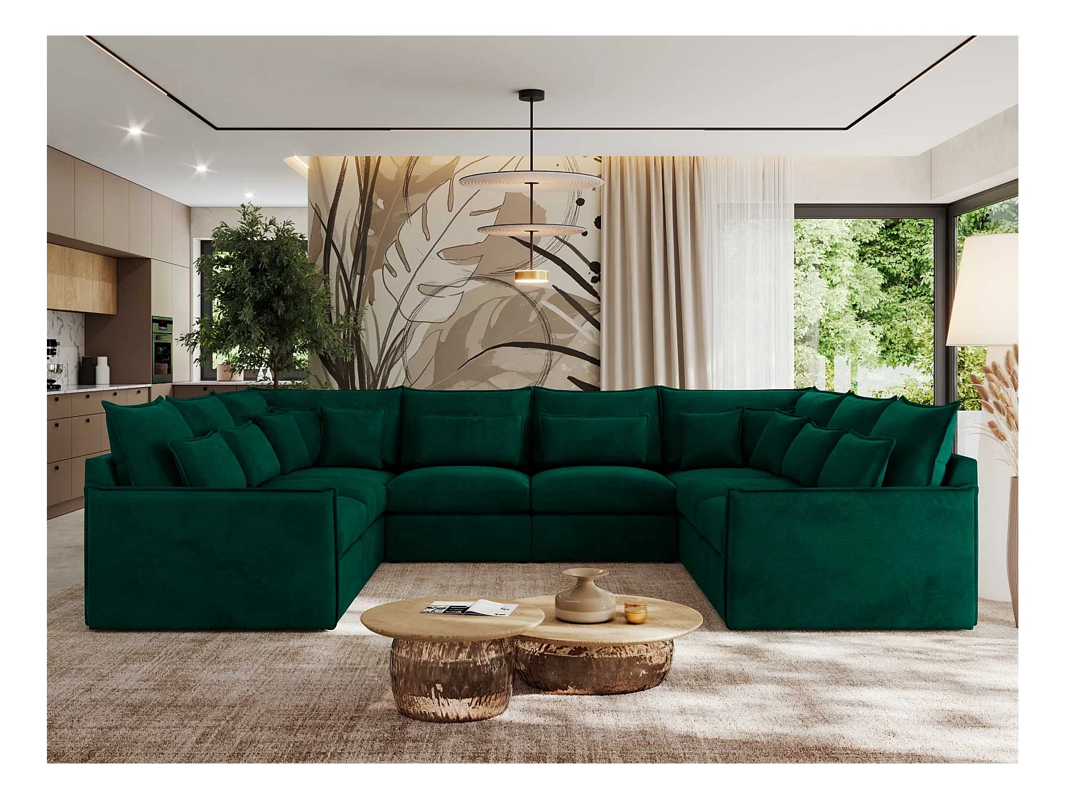 Ecksofa VERSO U8M - modulare U-förmige Ecke mit Armlehnen, Wohnlandschaft, Ecksofa XXL, lose Kissen - Dunkelgrün Velvet