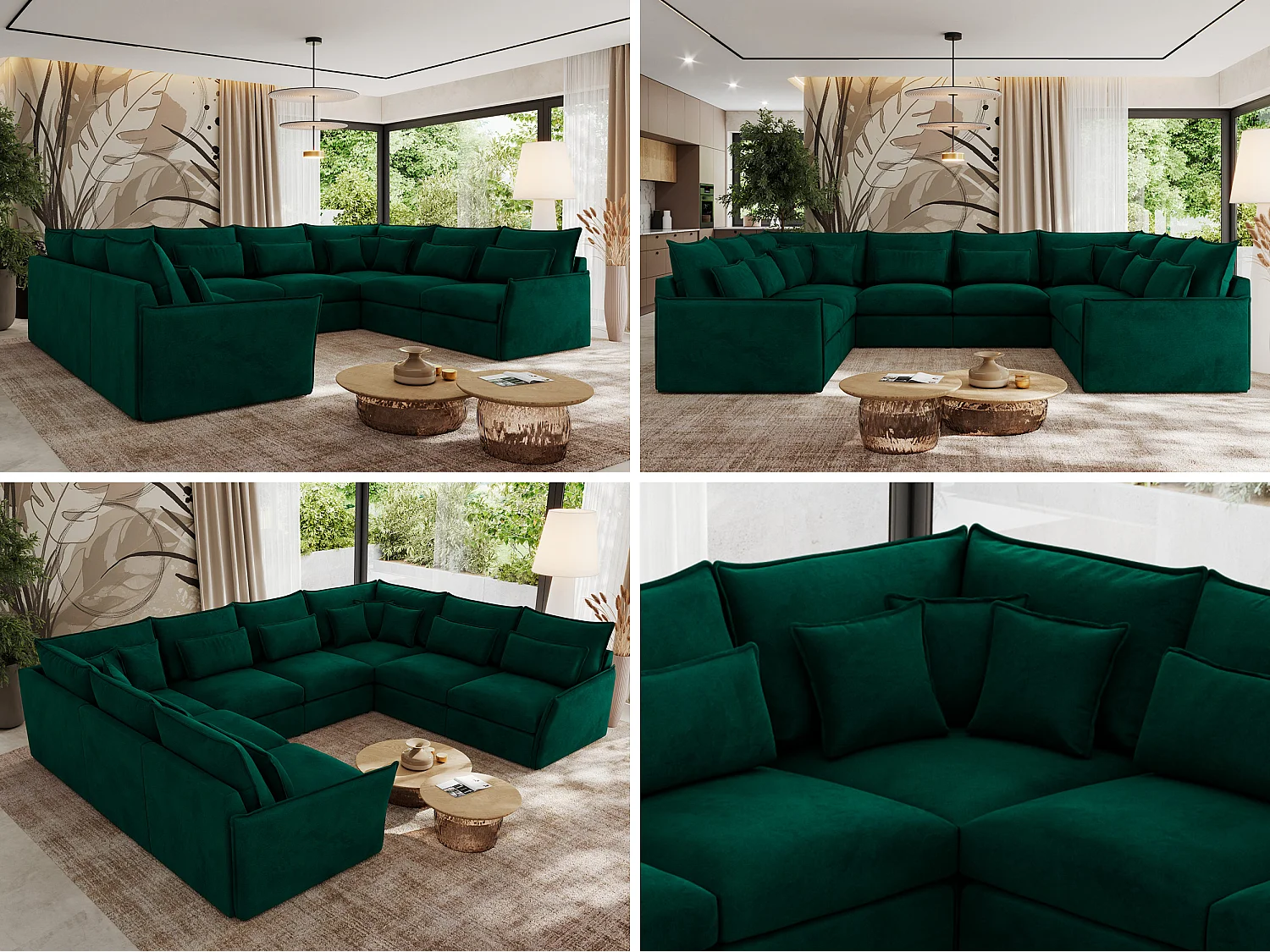 Ecksofa VERSO U8M - modulare U-förmige Ecke mit Armlehnen, Wohnlandschaft, Ecksofa XXL, lose Kissen - Dunkelgrün Velvet