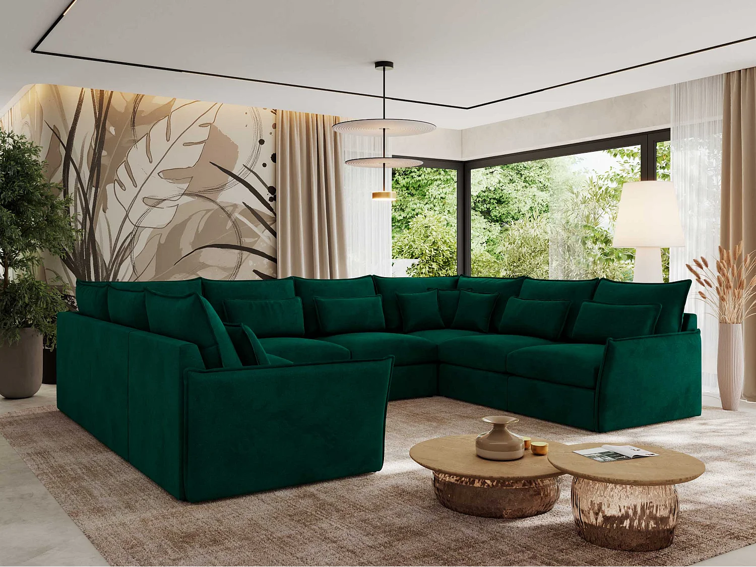 Ecksofa VERSO U8M - modulare U-förmige Ecke mit Armlehnen, Wohnlandschaft, Ecksofa XXL, lose Kissen - Dunkelgrün Velvet