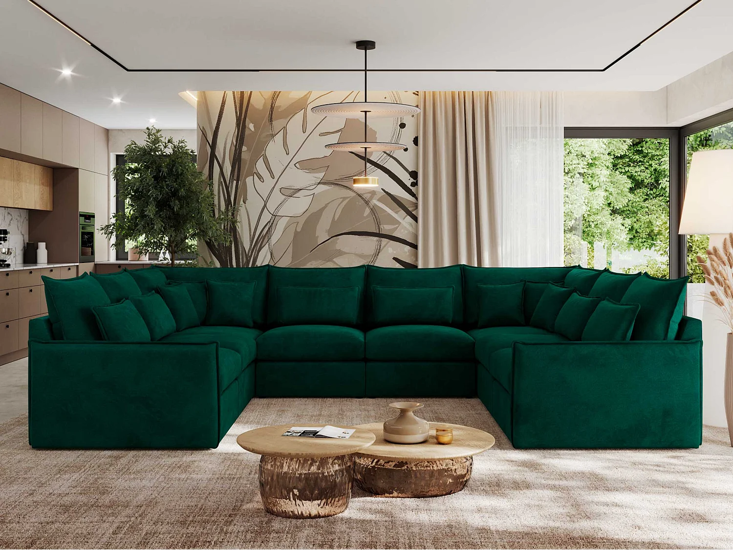 Ecksofa VERSO U8M - modulare U-förmige Ecke mit Armlehnen, Wohnlandschaft, Ecksofa XXL, lose Kissen - Dunkelgrün Velvet