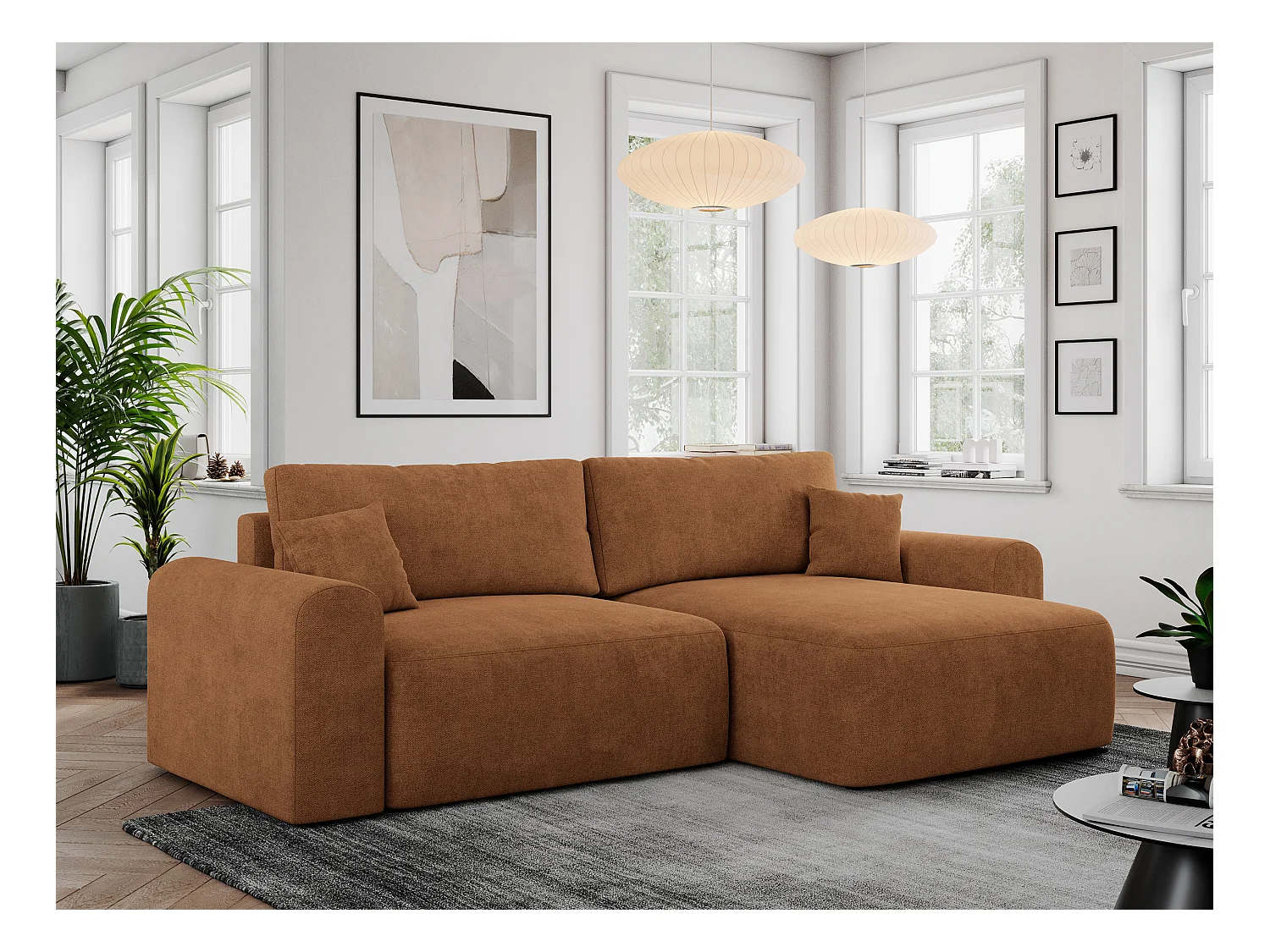 Ecksofa NELSON - Schlafcouch mit Armlehnen und Bettkasten, universelles L-förmige Ecksofa - Orange Stukture