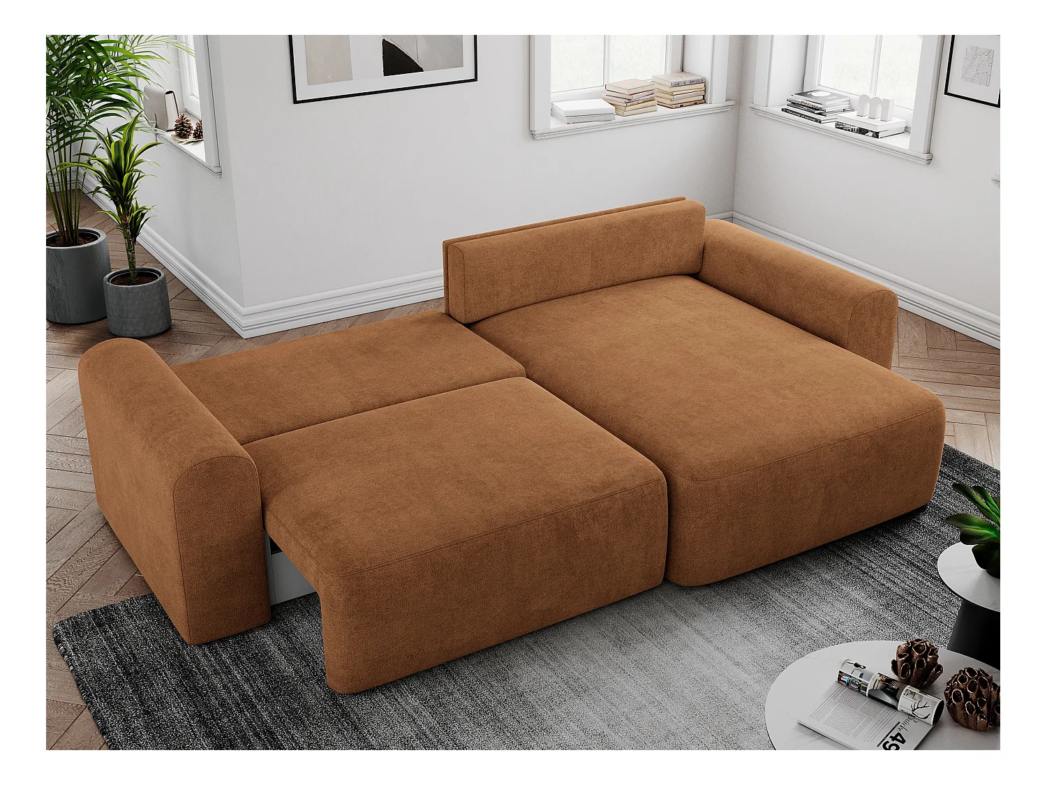 Ecksofa NELSON - Schlafcouch mit Armlehnen und Bettkasten, universelles L-förmige Ecksofa - Orange Stukture
