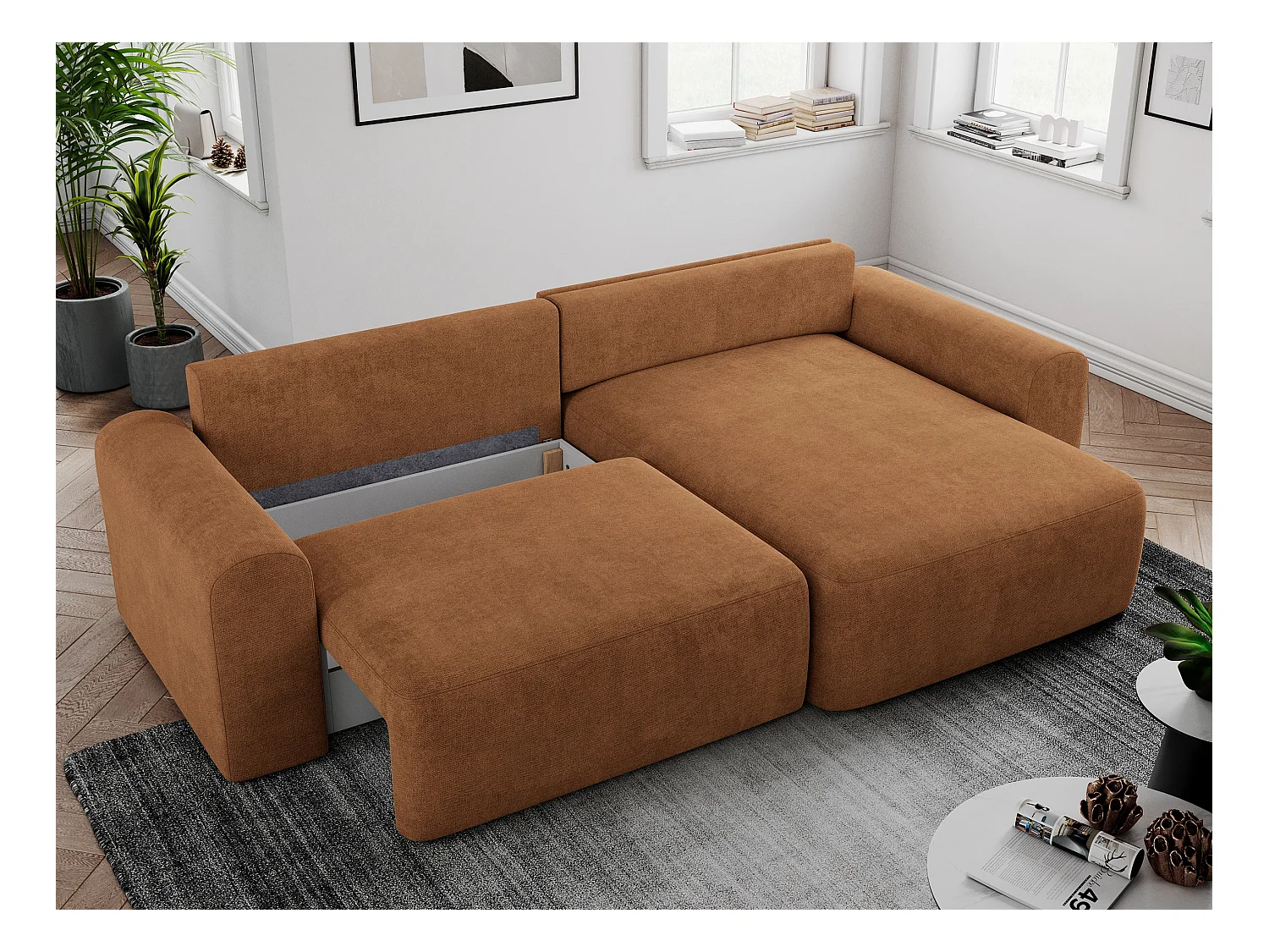 Ecksofa NELSON - Schlafcouch mit Armlehnen und Bettkasten, universelles L-förmige Ecksofa - Orange Stukture