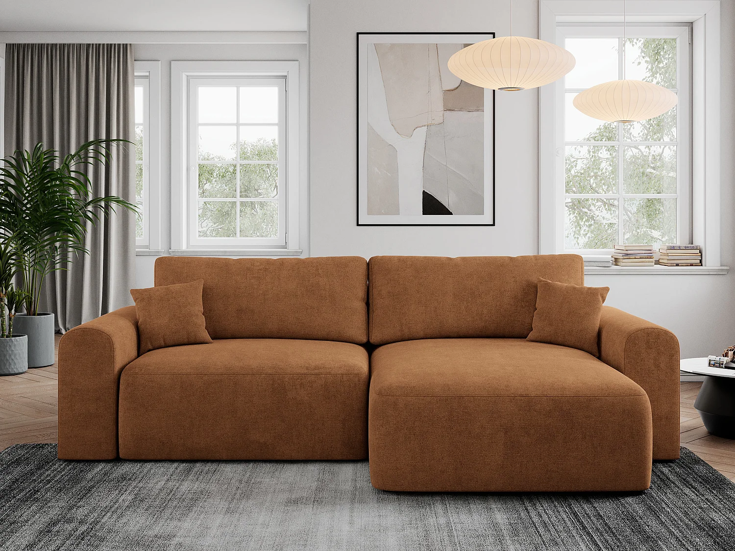 Ecksofa NELSON - Schlafcouch mit Armlehnen und Bettkasten, universelles L-förmige Ecksofa - Orange Stukture
