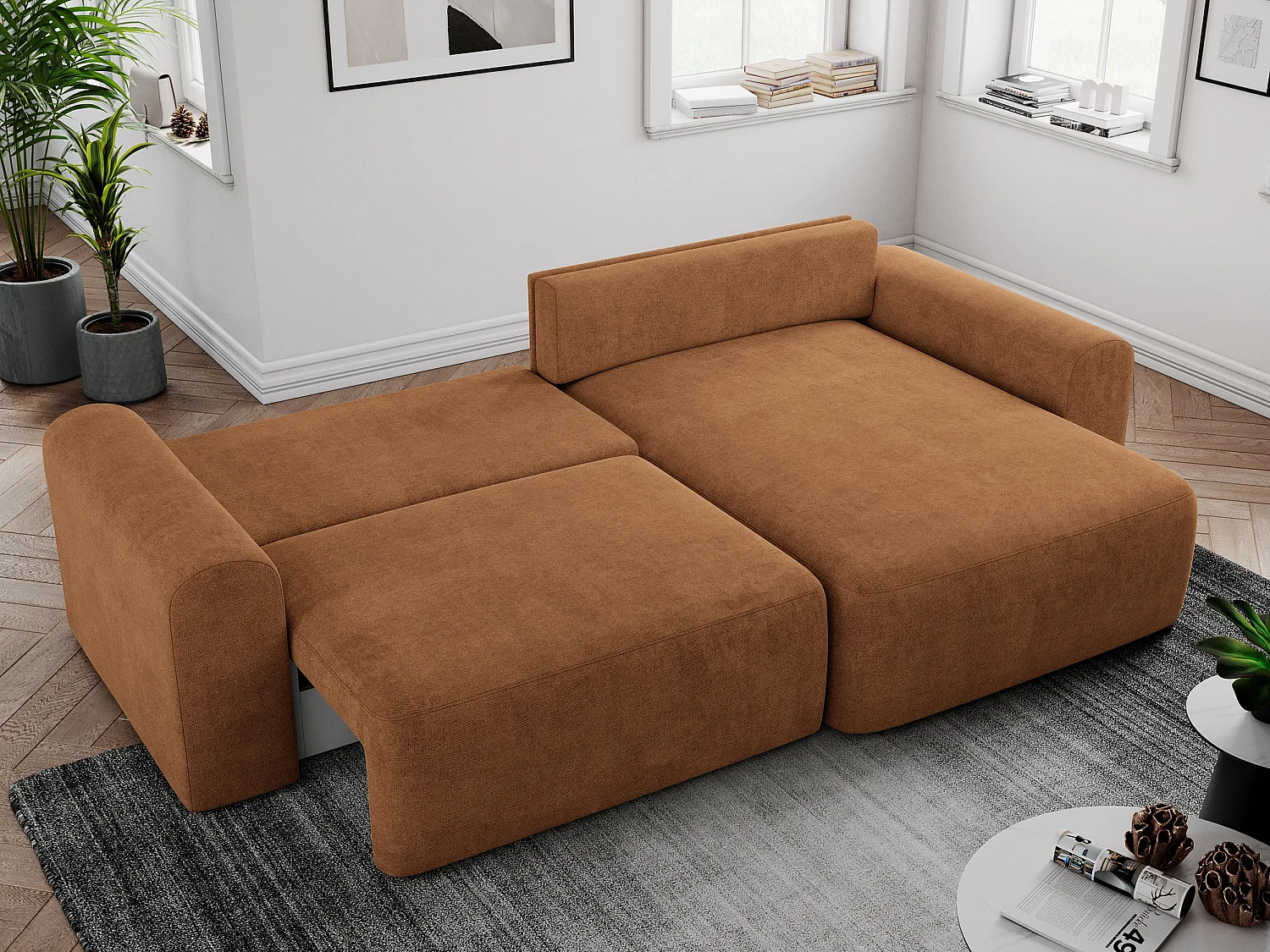 Ecksofa NELSON - Schlafcouch mit Armlehnen und Bettkasten, universelles L-förmige Ecksofa - Orange Stukture