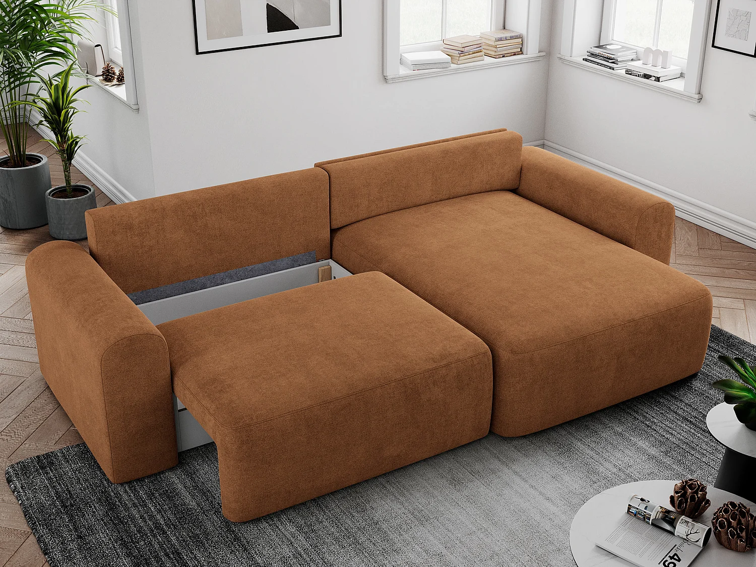 Ecksofa NELSON - Schlafcouch mit Armlehnen und Bettkasten, universelles L-förmige Ecksofa - Orange Stukture