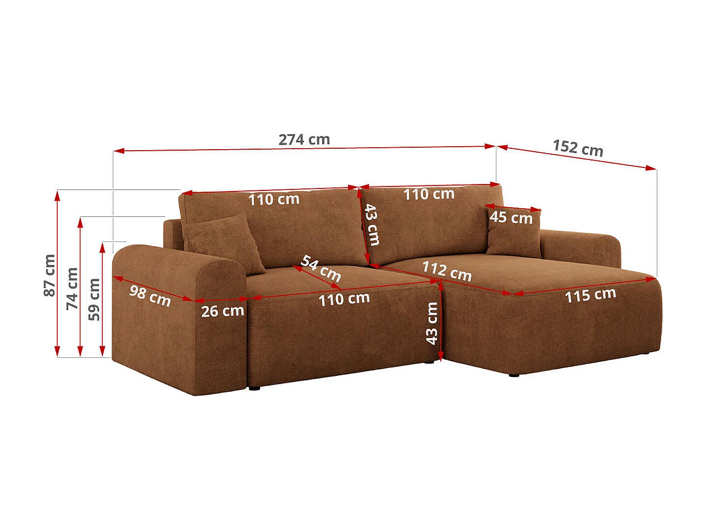 Ecksofa NELSON - Schlafcouch mit Armlehnen und Bettkasten, universelles L-förmige Ecksofa - Orange Stukture