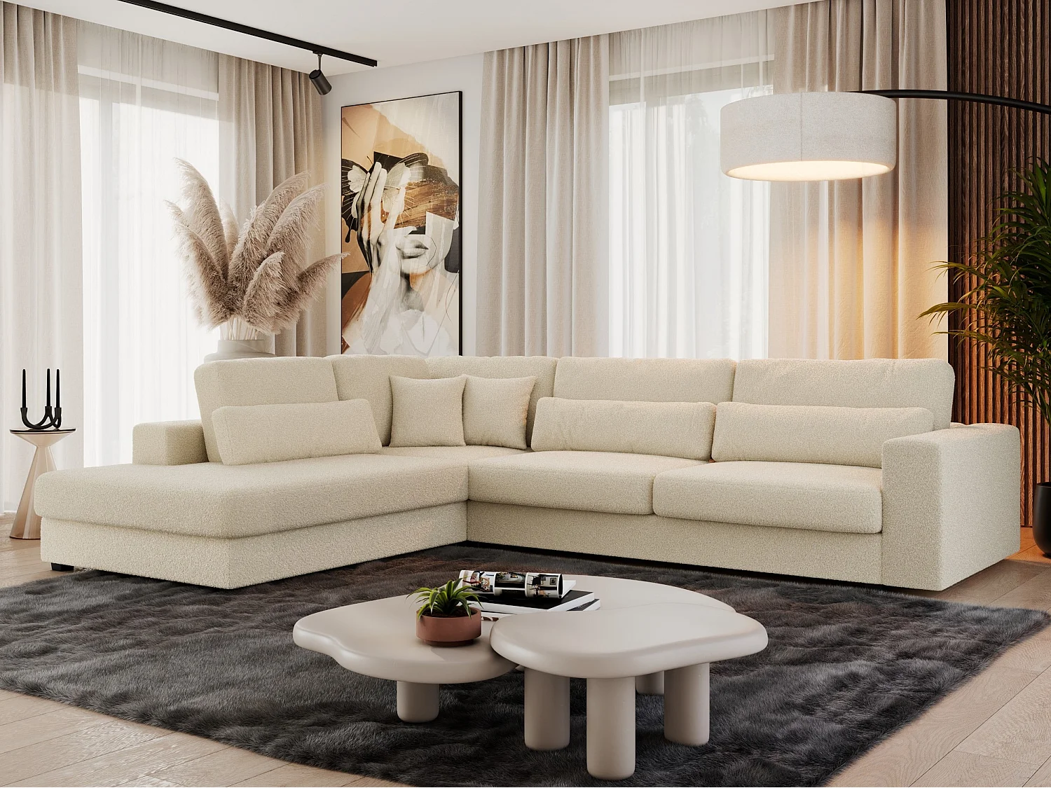 Ecksofa SAVONA - mit Armlehnen, lose Kissen, große L-förmige Ecke, Wohnlandschaft - Beige Boucle - Ecke Links