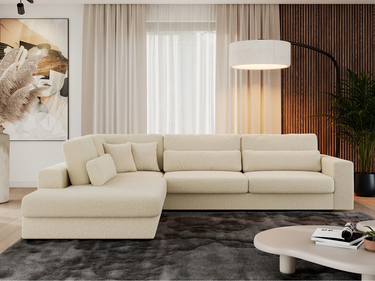 Ecksofa SAVONA - mit Armlehnen, lose Kissen, große L-förmige Ecke, Wohnlandschaft - Beige Boucle - Ecke Links