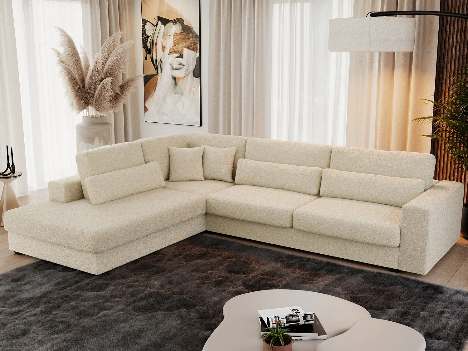 Ecksofa SAVONA - mit Armlehnen, lose Kissen, große L-förmige Ecke, Wohnlandschaft - Beige Boucle - Ecke Links