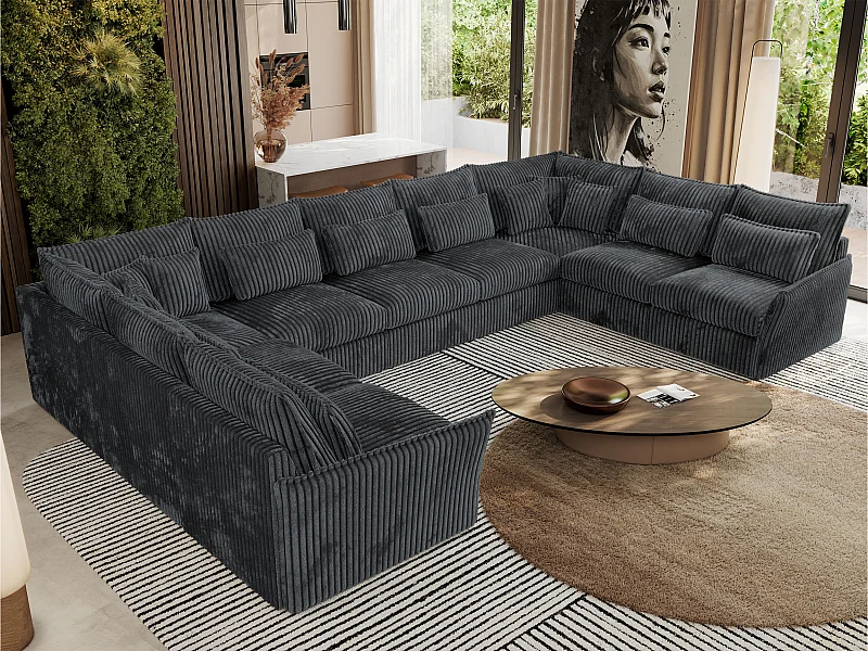 Ecksofa VERSO U9M - XXL Wohnlandschaft Ecke, modulare, Armlehnen und lose Kissen - Dunkelgrau Cord