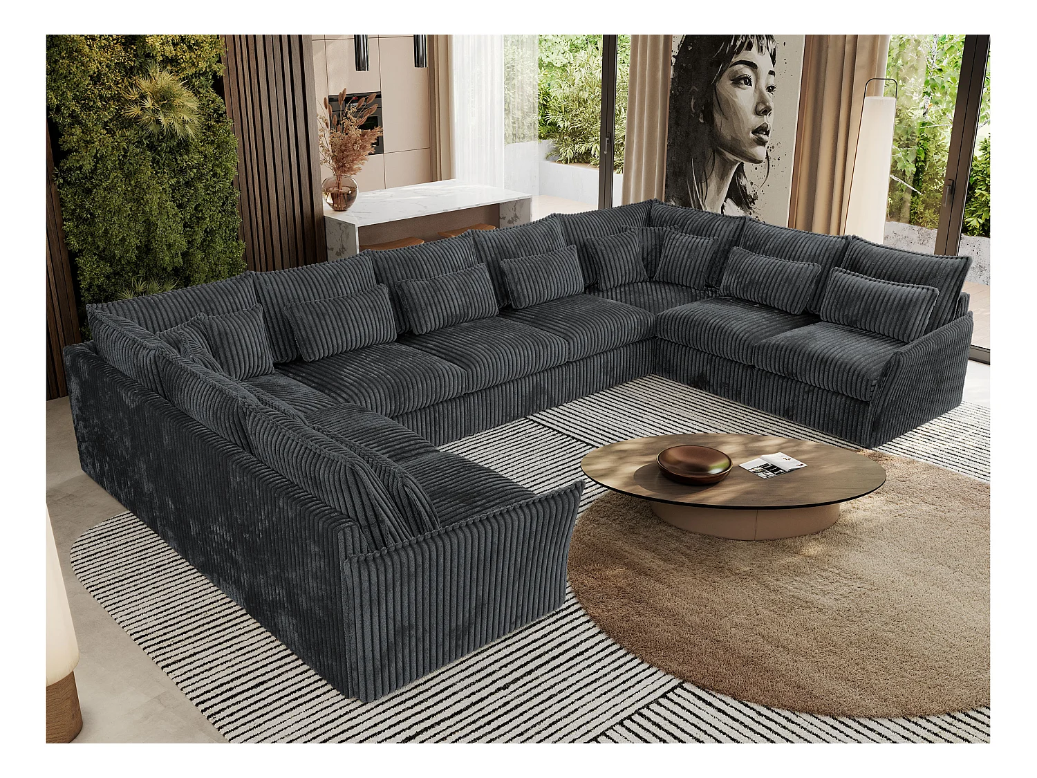Ecksofa VERSO U9M - XXL Wohnlandschaft Ecke, modulare, Armlehnen und lose Kissen - Dunkelgrau Cord