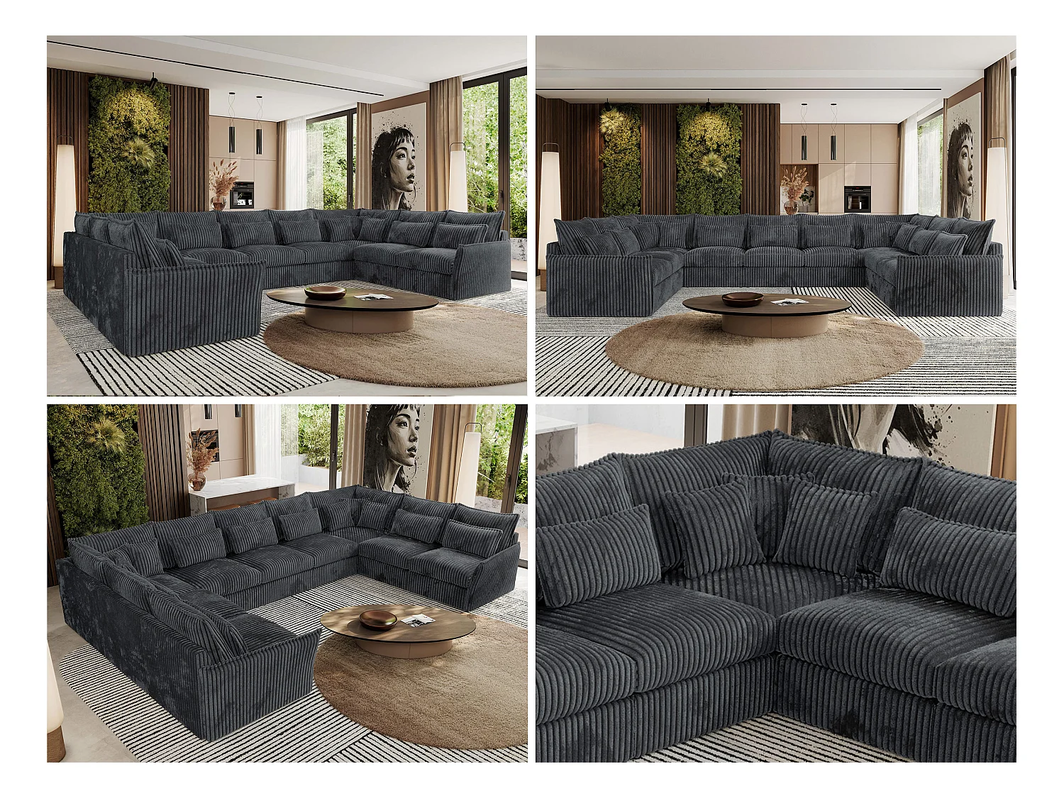 Ecksofa VERSO U9M - XXL Wohnlandschaft Ecke, modulare, Armlehnen und lose Kissen - Dunkelgrau Cord