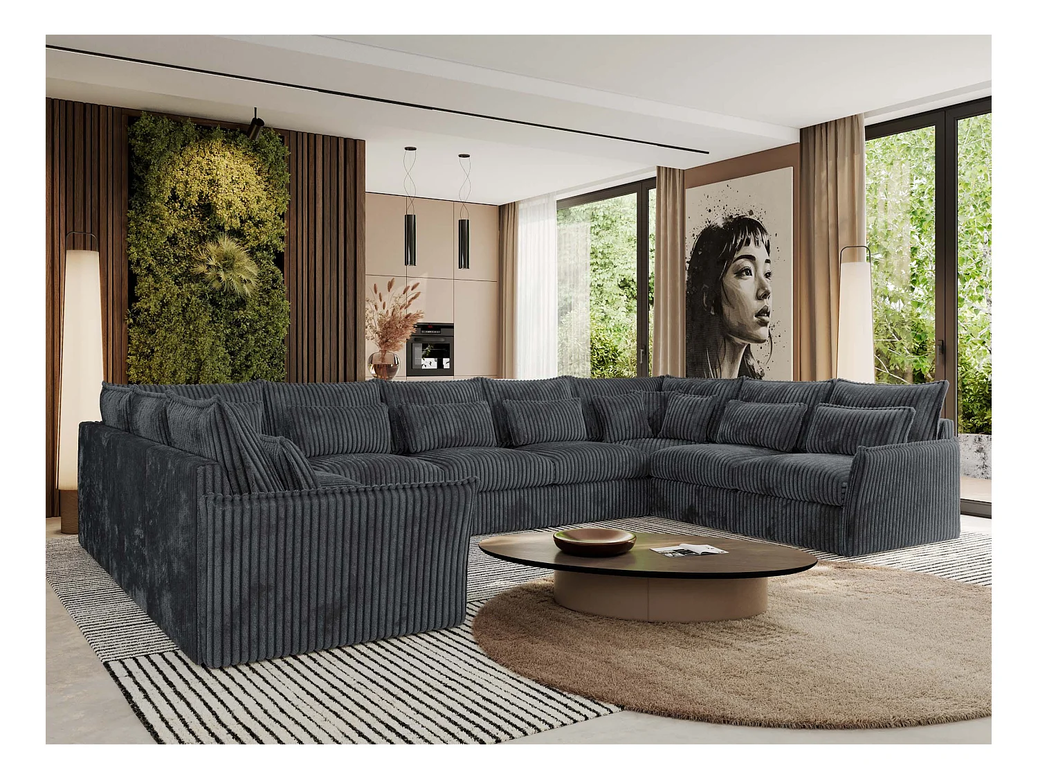 Ecksofa VERSO U9M - XXL Wohnlandschaft Ecke, modulare, Armlehnen und lose Kissen - Dunkelgrau Cord