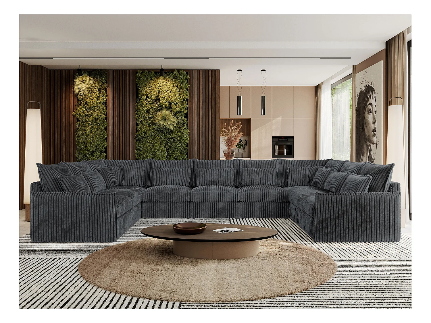 Ecksofa VERSO U9M - XXL Wohnlandschaft Ecke, modulare, Armlehnen und lose Kissen - Dunkelgrau Cord