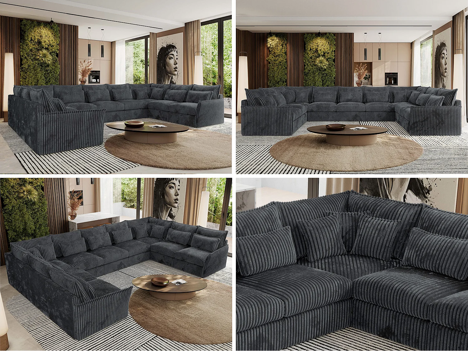 Ecksofa VERSO U9M - XXL Wohnlandschaft Ecke, modulare, Armlehnen und lose Kissen - Dunkelgrau Cord
