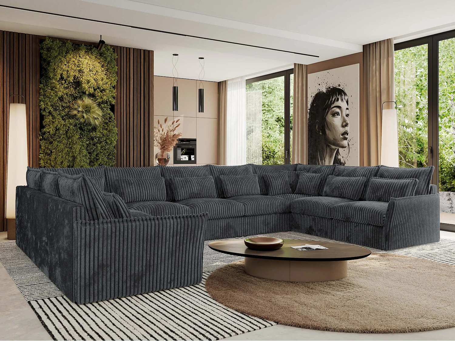 Ecksofa VERSO U9M - XXL Wohnlandschaft Ecke, modulare, Armlehnen und lose Kissen - Dunkelgrau Cord