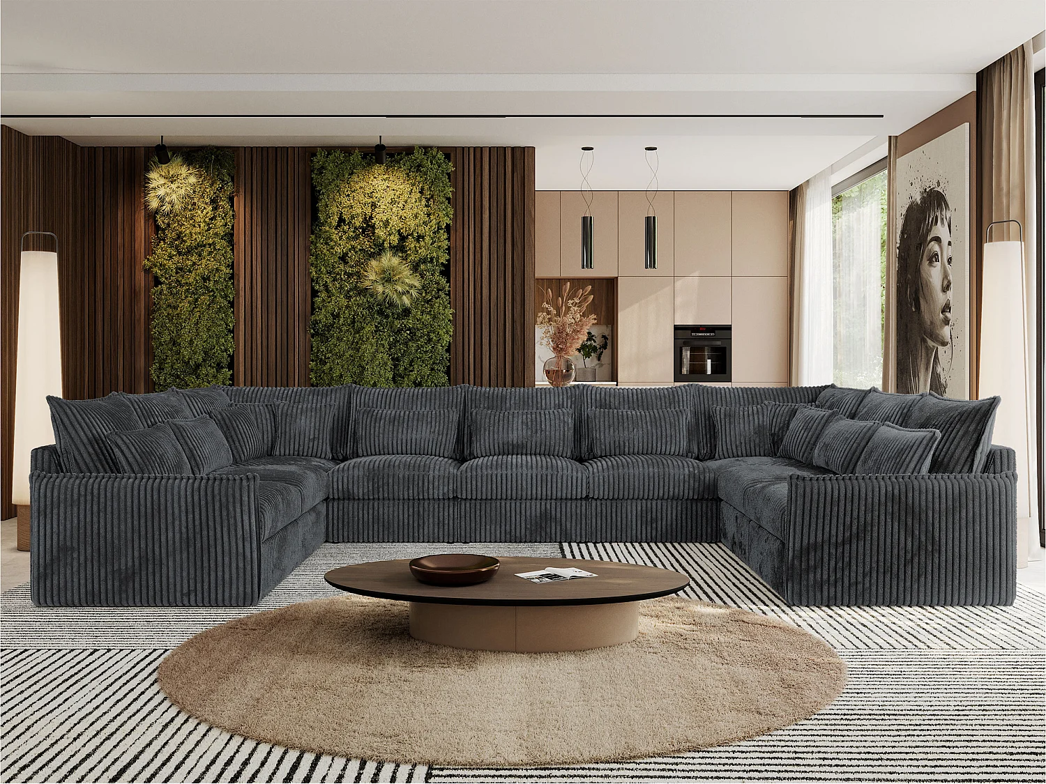 Ecksofa VERSO U9M - XXL Wohnlandschaft Ecke, modulare, Armlehnen und lose Kissen - Dunkelgrau Cord