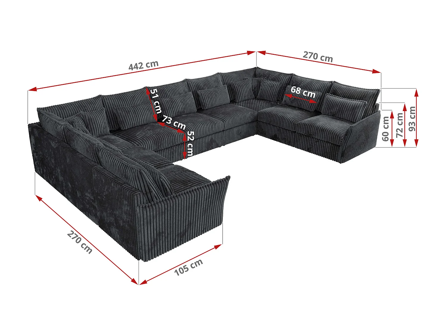 Ecksofa VERSO U9M - XXL Wohnlandschaft Ecke, modulare, Armlehnen und lose Kissen - Dunkelgrau Cord