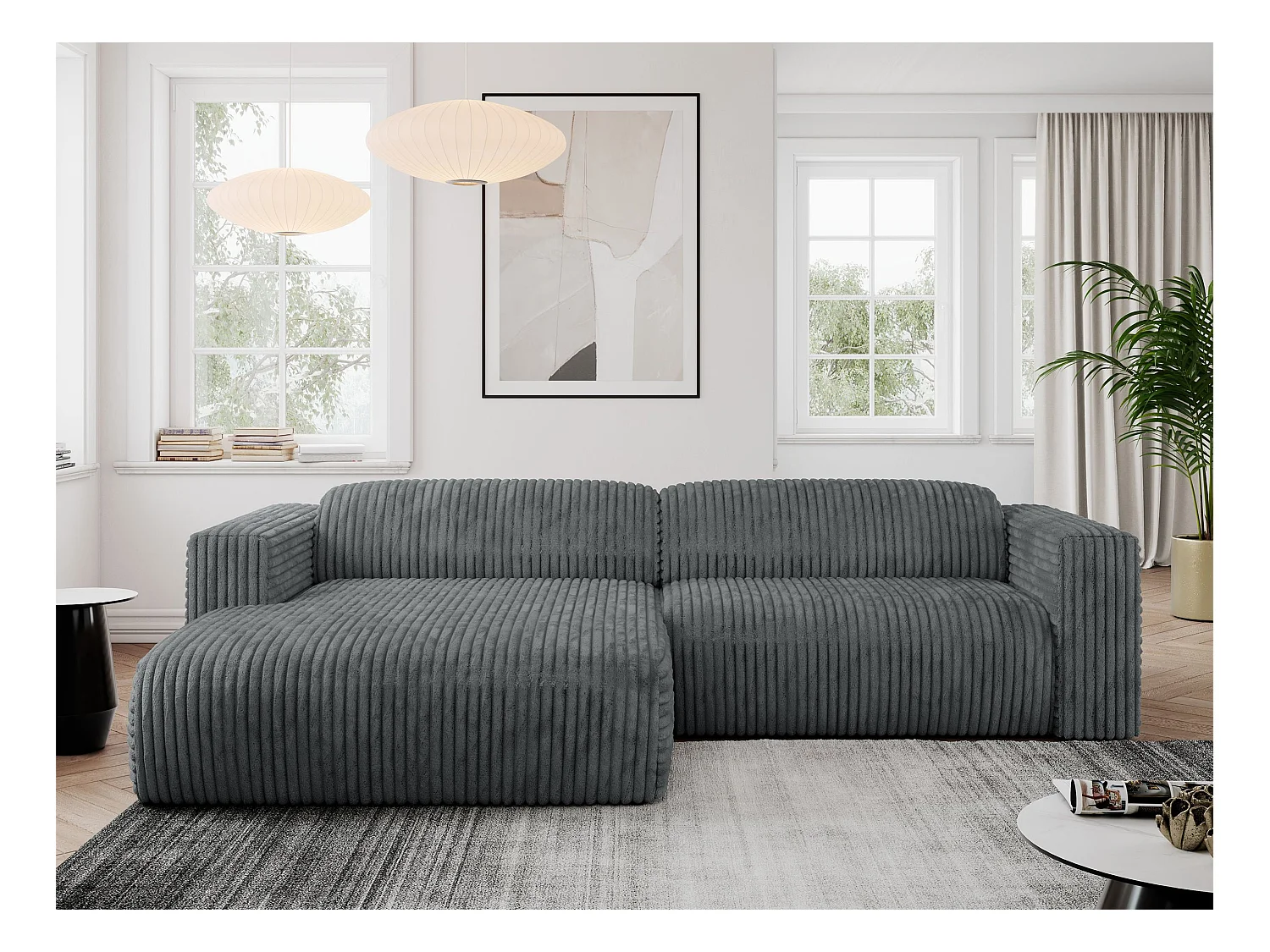 Ecksofa PASADENA - mit Armlehnen, Wohnlandschaft, freistehendes Sofa, große Ecke - Dunkelgrau Cord - Ecke Links