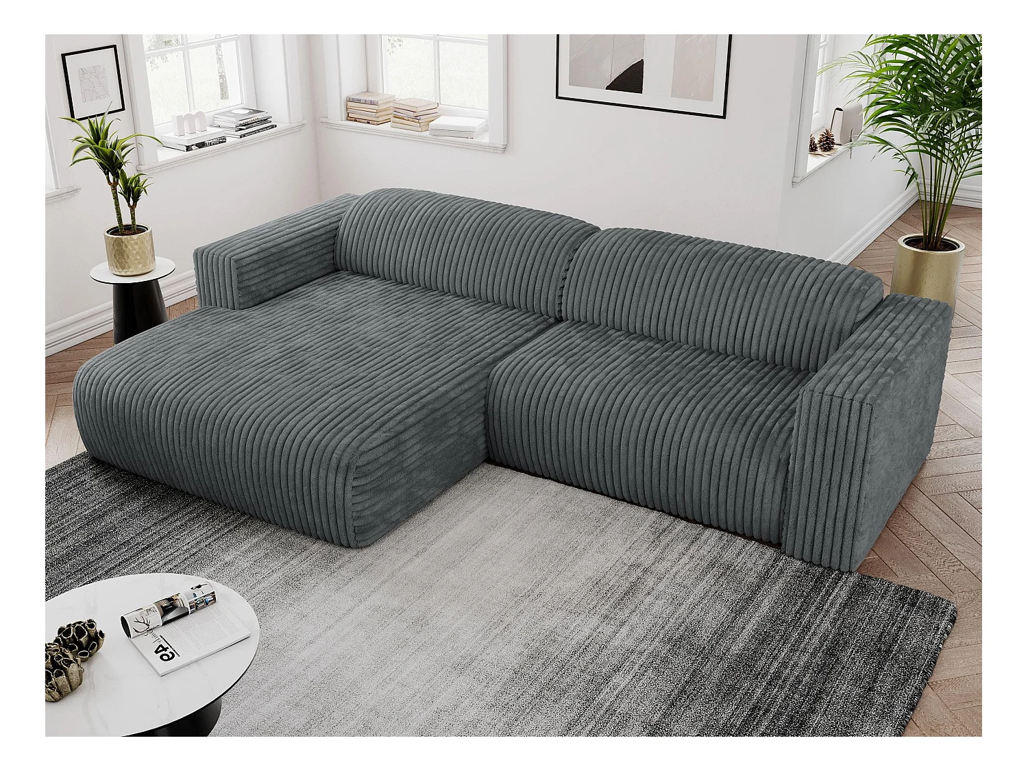 Ecksofa PASADENA - mit Armlehnen, Wohnlandschaft, freistehendes Sofa, große Ecke - Dunkelgrau Cord - Ecke Links