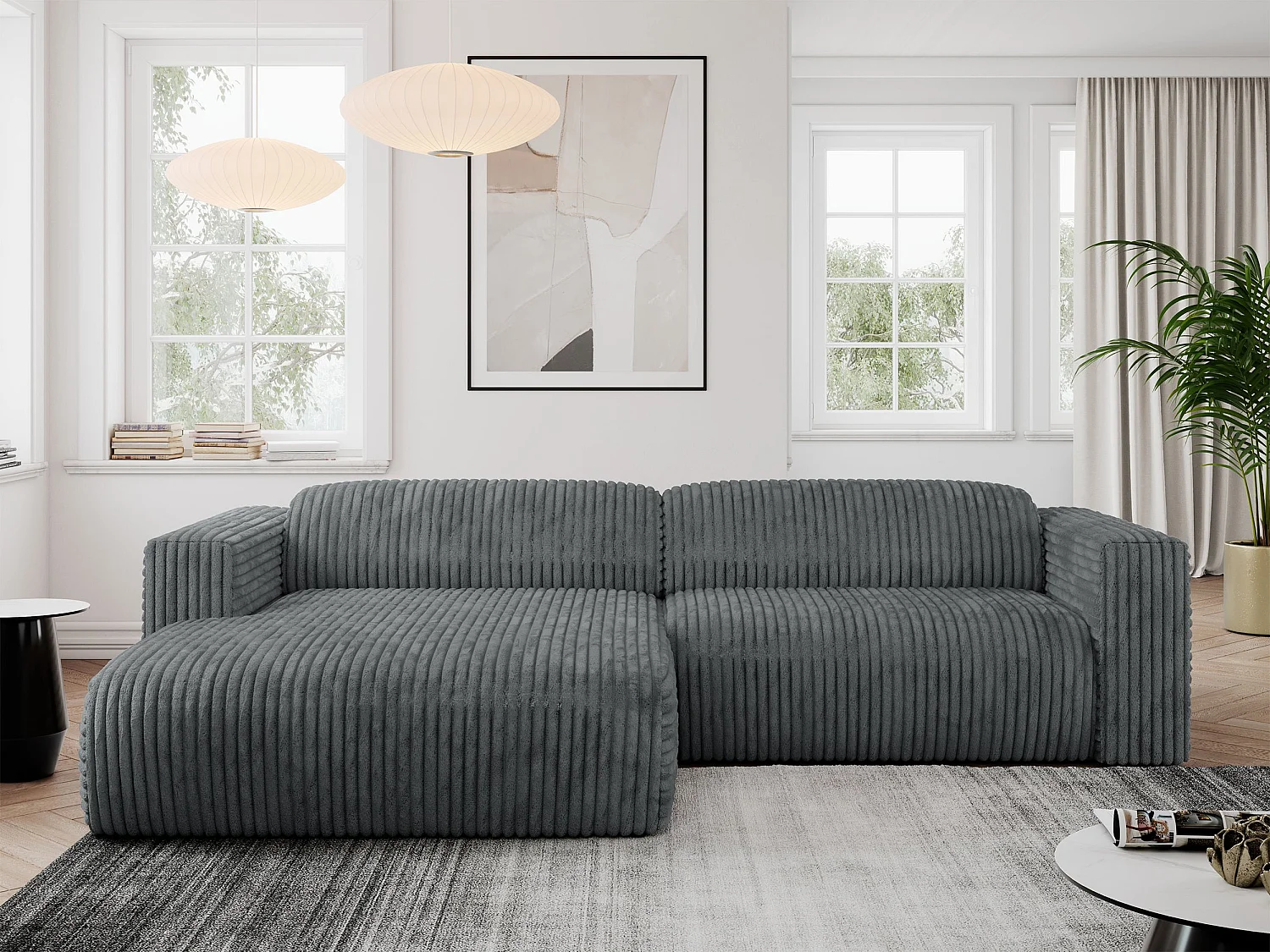 Ecksofa PASADENA - mit Armlehnen, Wohnlandschaft, freistehendes Sofa, große Ecke - Dunkelgrau Cord - Ecke Links