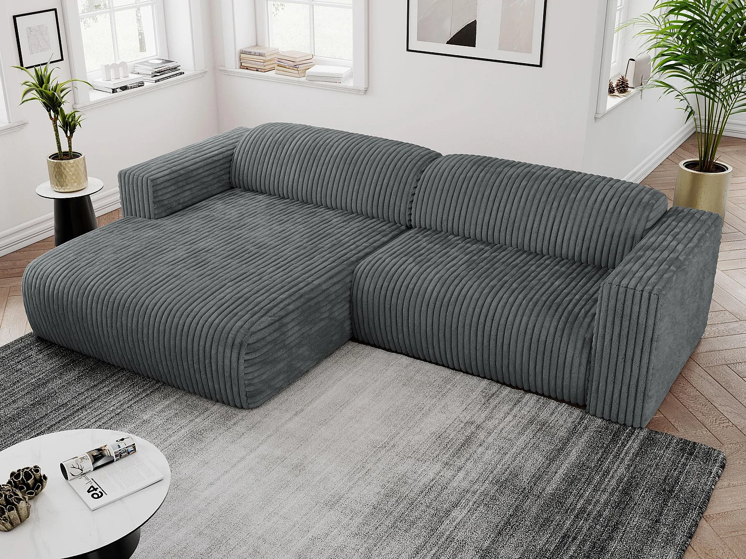 Ecksofa PASADENA - mit Armlehnen, Wohnlandschaft, freistehendes Sofa, große Ecke - Dunkelgrau Cord - Ecke Links