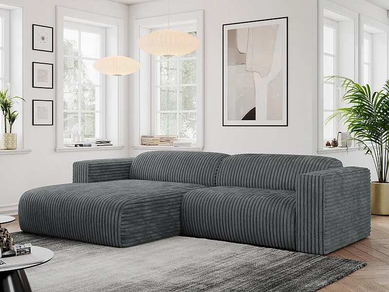 Ecksofa PASADENA - mit Armlehnen, Wohnlandschaft, freistehendes Sofa, große Ecke - Dunkelgrau Cord - Ecke Links