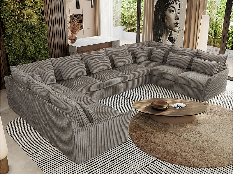 Ecksofa VERSO U9M - XXL Wohnlandschaft Ecke, modulare, Armlehnen und lose Kissen - Hellbraun Cord