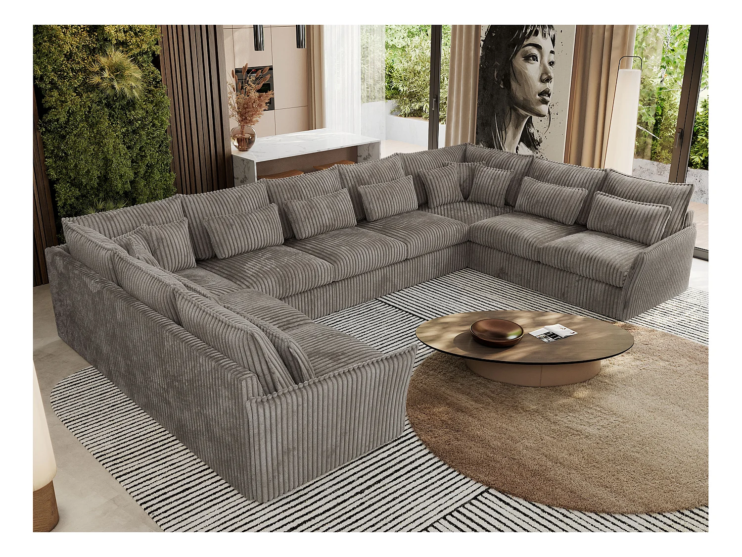 Ecksofa VERSO U9M - XXL Wohnlandschaft Ecke, modulare, Armlehnen und lose Kissen - Hellbraun Cord