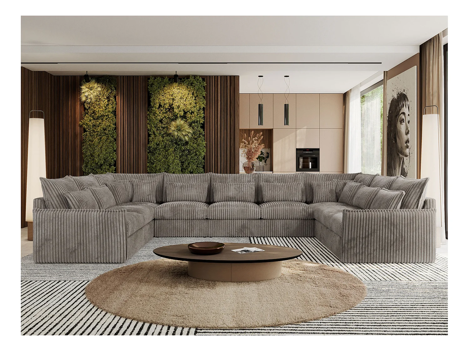 Ecksofa VERSO U9M - XXL Wohnlandschaft Ecke, modulare, Armlehnen und lose Kissen - Hellbraun Cord