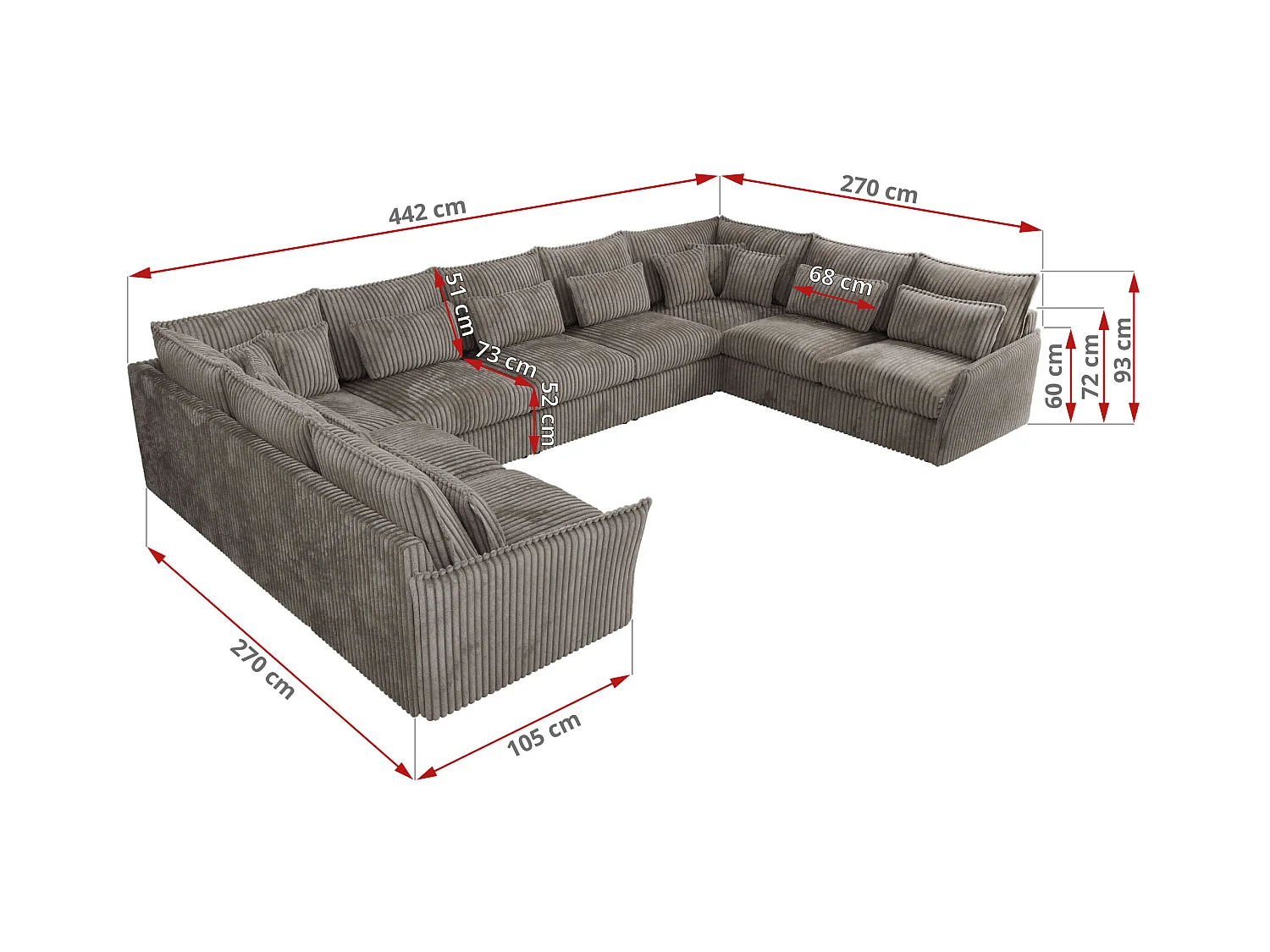Ecksofa VERSO U9M - XXL Wohnlandschaft Ecke, modulare, Armlehnen und lose Kissen - Hellbraun Cord