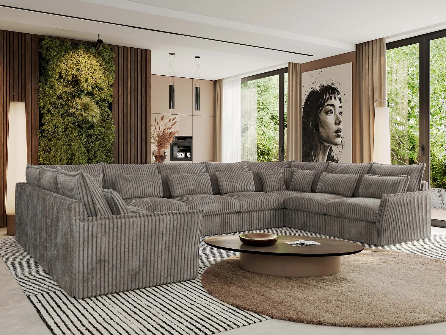 Ecksofa VERSO U9M - XXL Wohnlandschaft Ecke, modulare, Armlehnen und lose Kissen - Hellbraun Cord