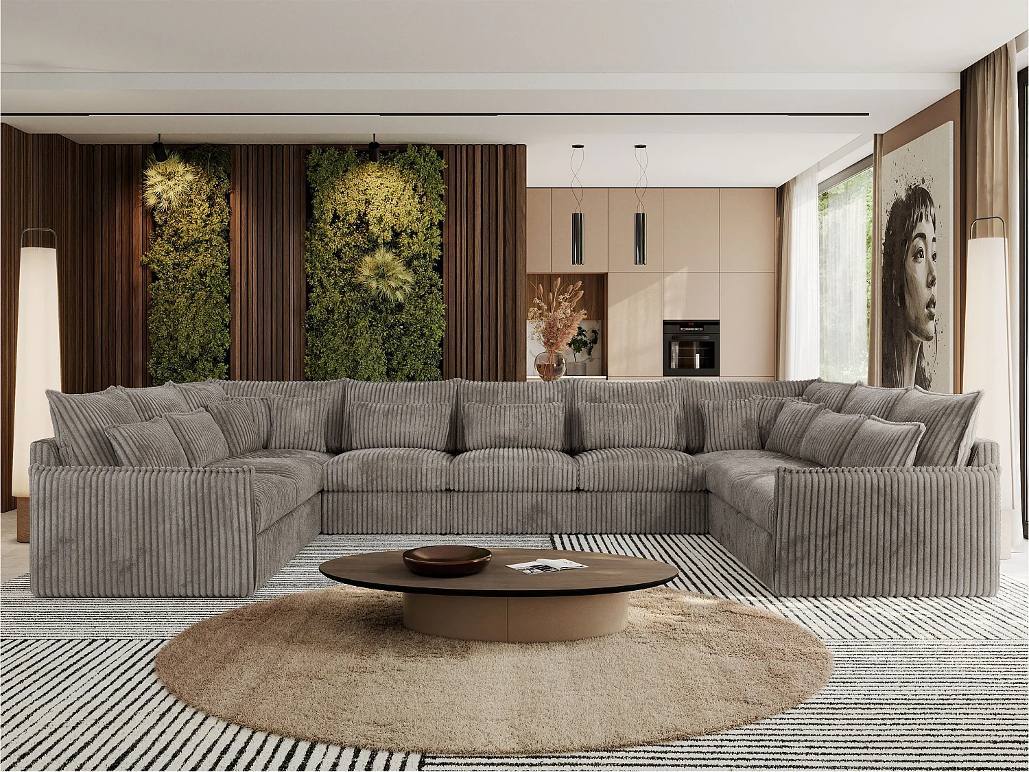 Ecksofa VERSO U9M - XXL Wohnlandschaft Ecke, modulare, Armlehnen und lose Kissen - Hellbraun Cord